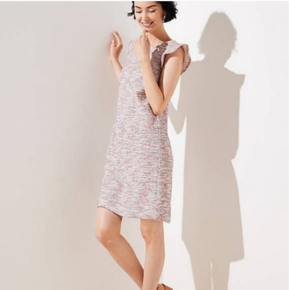 LOFT pink tweed ruffle shift dress 14 Plus - Picture 1 of 9